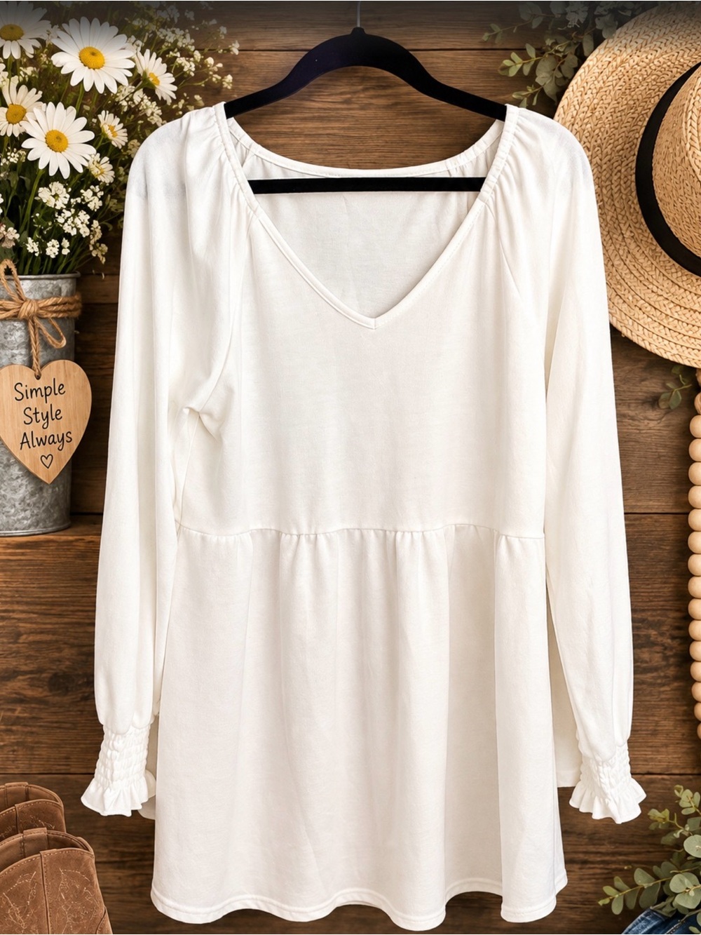 Women's White V-Neck Peplum Tunic Top